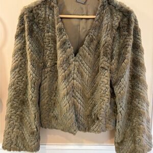 Trina Turk Olive Green Faux Fur V-Neck Jacket